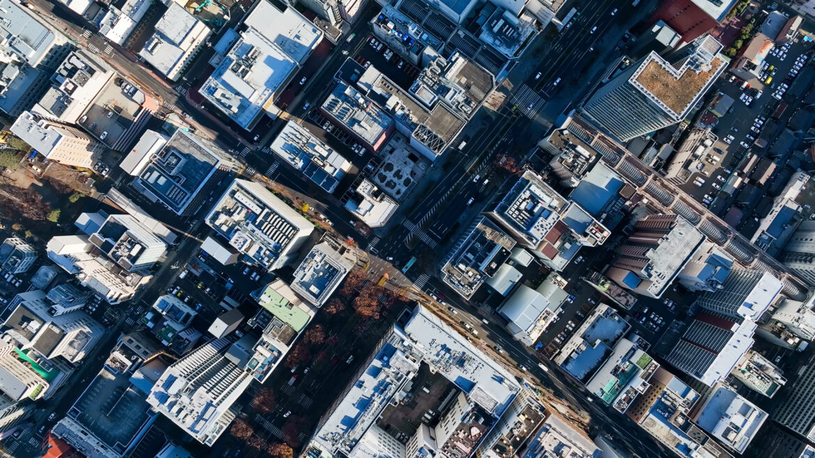 city, aerial view, urban, town, street, scenery, landscape, society, direct overhead view, drone, construction, industry, business, development, japan, era, road, traffic, bird eye view, high angle, s
